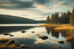 a lake surrounded by trees and rocks photo