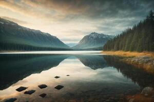 a mountain and lake are reflected in the water photo