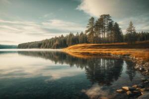 autumn landscape with trees and rocks in the water photo