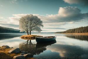 a boat sits on the shore of a lake photo