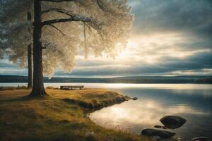 a mountain and lake are reflected in the water photo