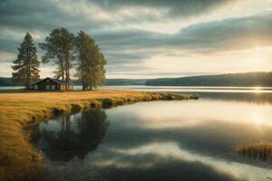 un lago rodeado por arboles y rocas foto