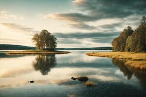 a lake surrounded by trees and rocks photo