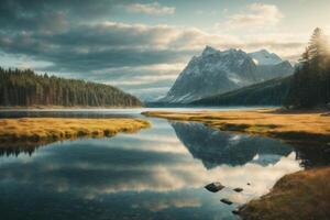 un lago rodeado por arboles y rocas foto