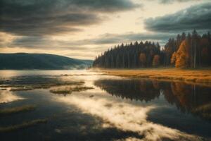 a lake surrounded by trees and rocks photo