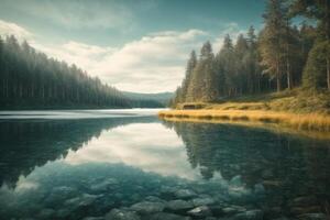 un lago rodeado por arboles y rocas foto