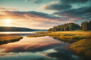 un lago rodeado por arboles y rocas foto