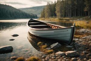 a boat sits on the shore of a lake photo