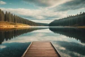 un de madera muelle Guías a un lago rodeado por arboles foto