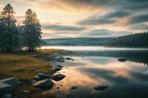 a lake surrounded by trees and a sunset photo