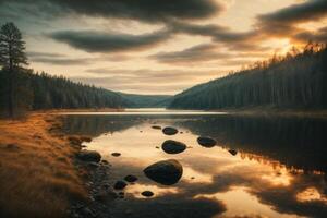 un lago rodeado por arboles y un puesta de sol foto