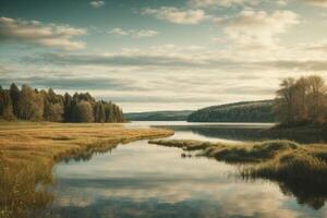 a lake surrounded by trees and a sunset photo