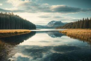 a lake surrounded by trees and a sunset photo