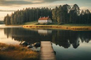 a house sits on the shore of a lake photo