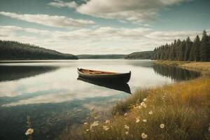 a boat sits on the shore of a lake photo