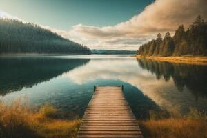 un de madera muelle Guías a un lago rodeado por arboles foto