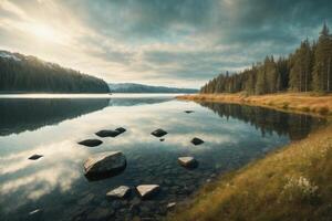 a river runs through a field and forest photo