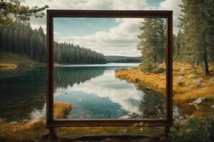 a frame with a lake and trees in the background photo