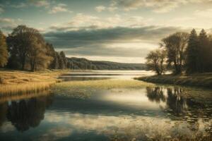 a river runs through a field and forest photo