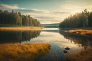 a river runs through a field and forest photo