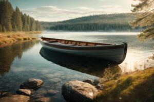 a boat sits on the shore of a lake photo