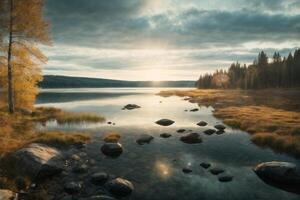 un río carreras mediante un campo y bosque foto