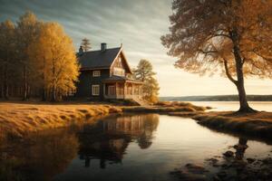 un casa se sienta en el apuntalar de un lago foto