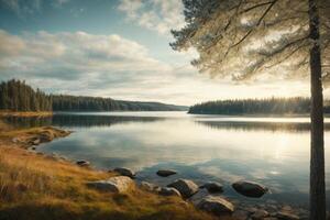 a wooden pier leads to a lake with a cloudy sky photo