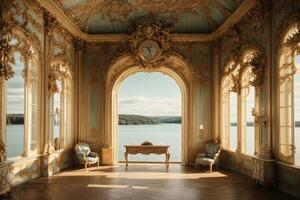 a room with ornate furniture and a view of the water photo