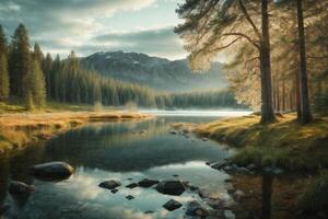 a wooden pier leads to a lake with a cloudy sky photo