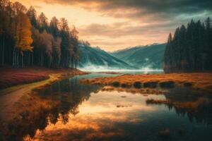 a wooden pier leads to a lake with a cloudy sky photo