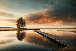 un de madera muelle Guías dentro un lago con un nublado cielo foto