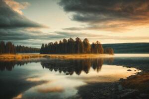 un lago con rocas y arboles en el primer plano foto