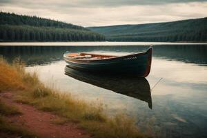 a boat is sitting on the shore of a lake photo