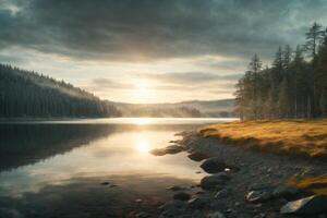 un lago rodeado por arboles y rocas foto