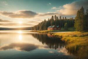 a lake surrounded by trees and rocks photo