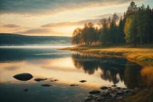 a lake surrounded by trees and a cloudy sky photo