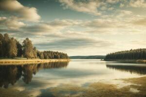 a lake surrounded by trees and a cloudy sky photo