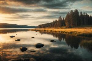 a lake surrounded by trees and a cloudy sky photo