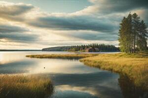 a lone tree stands on a small island in a lake photo