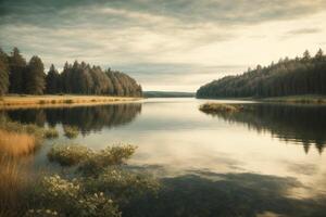 a lone tree stands on a small island in a lake photo