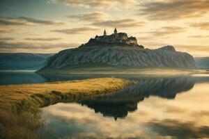 a castle sits on top of a hill overlooking a lake photo