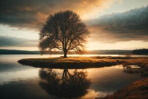 a lone tree stands on a small island in a lake photo