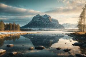 a lone tree stands on a small island in a lake photo