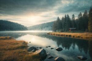 a lone tree stands on a small island in a lake photo