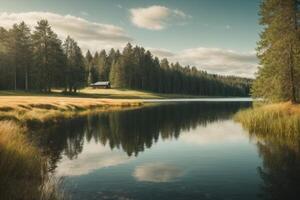 a lone tree stands on a small island in a lake photo