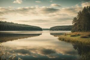 a lone tree stands on a small island in a lake photo