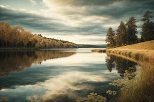 a lone tree stands on a small island in a lake photo