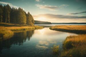 a river in the forest with fog and trees photo