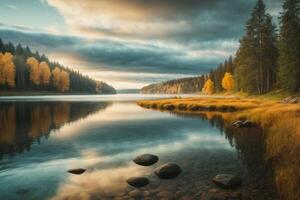 a river in the forest with fog and trees photo